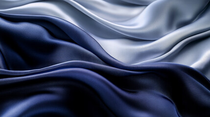 Poster - Abstract silk fabric in gradient tones of midnight blue and soft silver, with soft flowing waves creating an elegant, serene background.