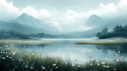 Poster - A serene landscape with a lake surrounded by mountains