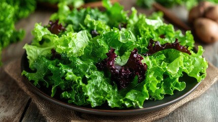 Healthy salad with fresh green lettuce leaves on a plate, ready to enjoy. The vibrant greens and natural ingredients make for a visually appealing and nutritious dish.