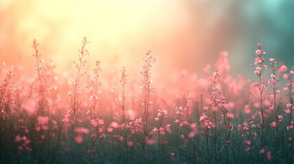 Poster - A field of pink flowers with a bright blue sky in the background