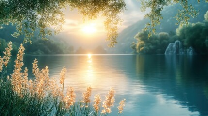 Poster - A serene lake with a beautiful sunset in the background