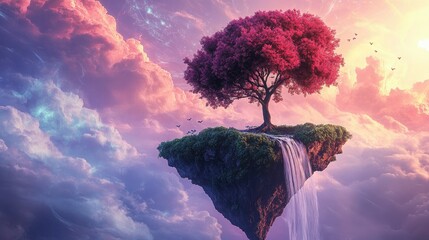 Heart tree growing on a small floating island, with a waterfall cascading off the edge, set against a mystical sky with swirling pink and purple clouds