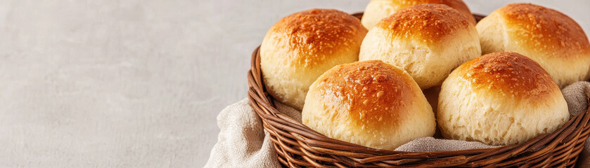 Freshly baked dinner rolls in woven basket, showcasing their golden brown tops and soft texture, evoke warm and inviting atmosphere perfect for any meal