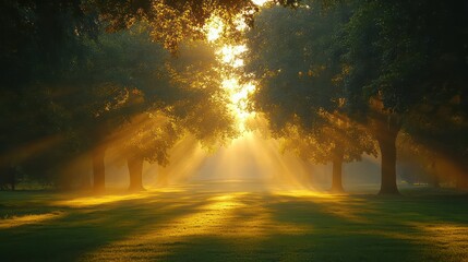 Poster - The sun is shining through the trees, casting a warm glow on the grass