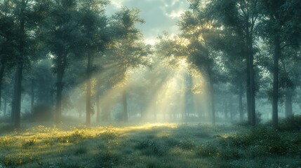 Poster - A forest with trees and sunlight shining through the leaves