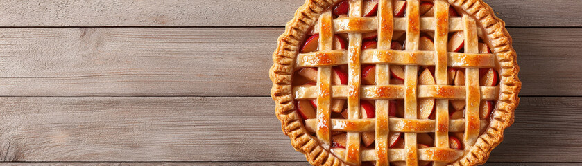 A close up of traditional Thanksgiving apple pie with beautiful lattice crust, showcasing delicious apple filling. This pie is perfect for festive gatherings and evokes warm memories