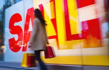 Aufkleber - Close up of woman with shopping bags walking past large red and yellow SALE sign on window with motion blur effect, conceptual for Black Friday sale or grand opening