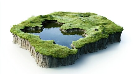 A 3D cut of ground with grass and ponds, representing a travel destination, isolated on a white background