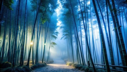 twilight bamboo grove eerie foggy cool blue