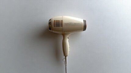 Retro beige hairdryer hanging on a white wall in a minimalist setting