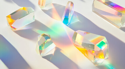 Poster - Floating crystalline prisms refract beams of vibrant rainbow light, casting radiant hues of green, blue, and orange across a smooth, minimalist white background.