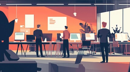 Wall Mural - Businessmen working on computers in modern open space office with big windows