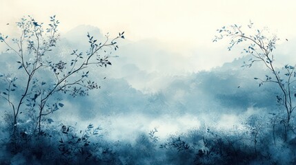 Poster - A painting of a mountain landscape with trees and a misty sky