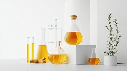 Wall Mural - Honey and turmeric placed on a transparent podium with beakers and test tubes in a white laboratory setting, offering blank space for advertising or experiment branding.