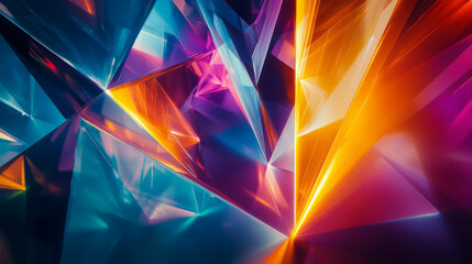 Poster - Geometric prisms reflect intense beams of light, breaking into vibrant color spectrums of orange, purple, and teal, illuminating a futuristic, dark blue backdrop.