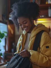 Wall Mural - Happy Young Woman with Yellow Puff Vest and Backpack