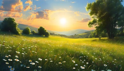 Wall Mural - Vibrant green grass illuminated by a radiant sun in a clear blue sky