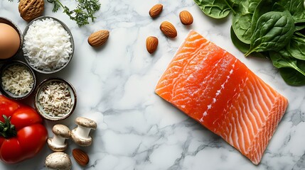 A white marble countertop displaying healthy food ingredients like raw salmon and beef steak, arranged in a vibrant flat lay that highlights freshness and cleanliness in food styling.