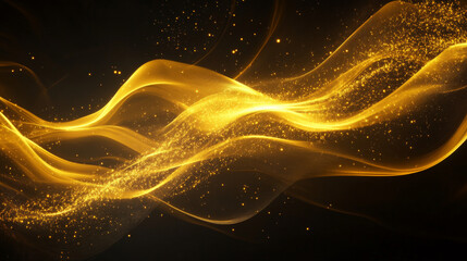 Poster - Glowing golden waves of light flowing across a dark, deep black background, creating a sense of motion and elegance.