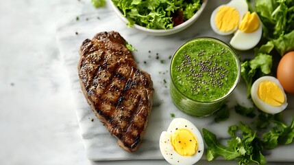 Wall Mural - A white marble tabletop featuring grilled steak, hard-boiled eggs, and fresh salad, illustrating a balanced keto meal with appetizing colors and soft natural lighting.