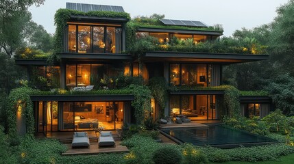 Poster - A large house with a green roof and a pool