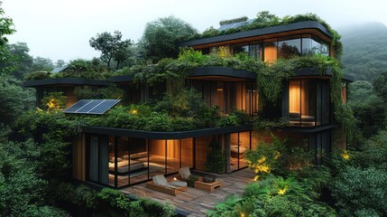 Poster - A house with a green roof and a lot of plants