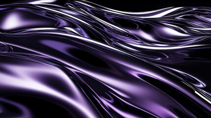 Poster - Metallic 3D waves in silver and purple, flowing across a deep black backdrop with reflective surfaces casting intricate light patterns and shadows to create depth and movement.