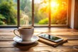 © kittipon - warm natural light pouring through window onto wooden table with steaming cup of coffee and phone showing loyalty rewards dashboard