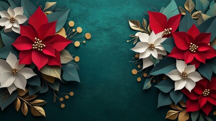 christmas poinsettia flowers in red, white, and green paper cut art with copy space on a green backg