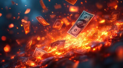 A pile of burning money with a dollar bill flying through the air