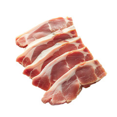 Four raw pork collar steaks overlapping on a white background