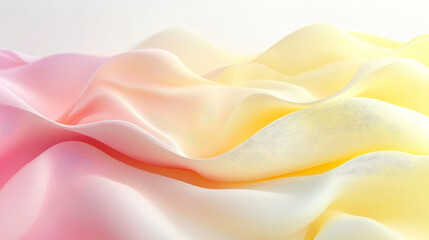 Poster - Soft, fluid 3D waves in pastel gradients of yellow and pink, flowing gently across a bright white background, with subtle shadows and light reflections for a serene effect.