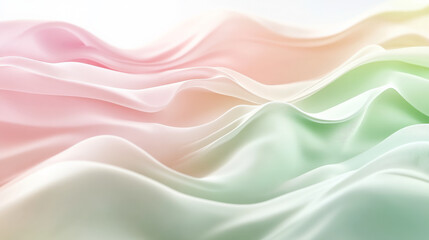 Poster - Soft, fluid 3D waves in pastel pink and green, gently flowing across a bright white background with subtle light reflections and shadows to enhance the sense of motion.