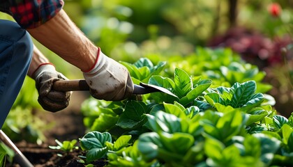 Dedicated gardener nurturing vibrant green plants in a lush outdoor garden with close-up focus on hands and tools in action