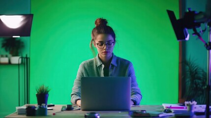 Aufkleber - A woman is sitting at a desk with a laptop in front of her