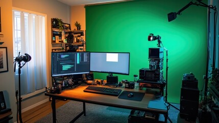 Poster - A green room with a desk and a computer monitor