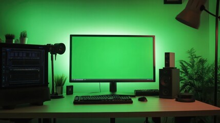 Poster - A computer desk with a green monitor and keyboard
