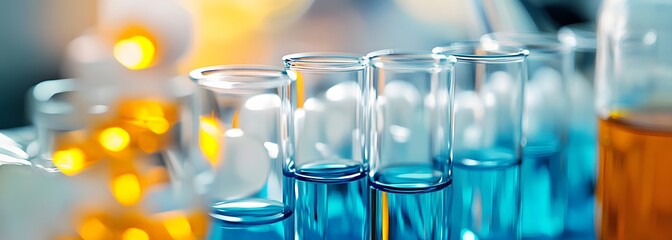 Close-up of test tubes filled with blue liquid and medical pills on the table in a laboratory background