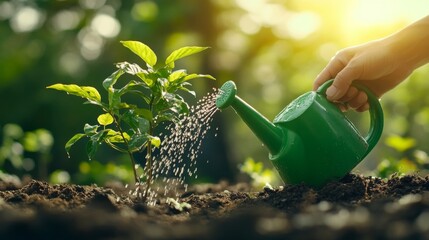 Poster - A pair of hands watering a newly planted sapling with a green watering can, droplets glistening in the sunlight as they nourish the young plant.