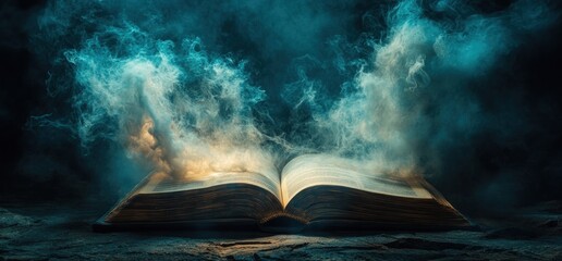 Wall Mural - An open book emits mystical smoke, suggesting magic or knowledge.