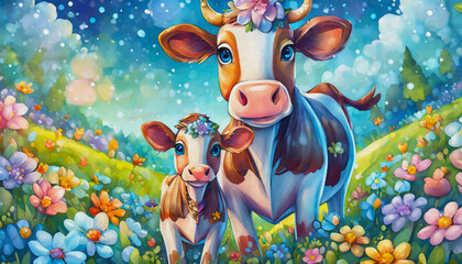 Wall Mural - oil painting style cartoon character illustration Cow with calf on a blooming yellow meadow