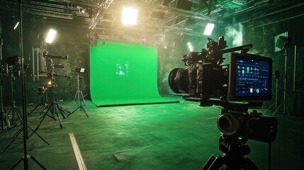 A green room with a green screen and a camera