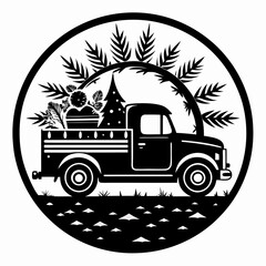 Wall Mural - Christmas truck round sign Black Vector silhouette