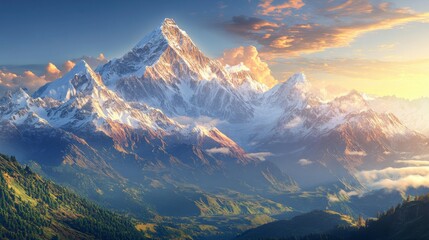 Poster - A panoramic view of towering snow-capped peaks bathed in golden sunlight, with clear blue skies and lush green valleys below, showcasing the grandeur of high mountain ranges.