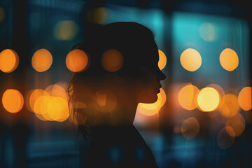 Wall Mural - Silhouette of a businesswoman off work at night, shot from outside of a glass window.