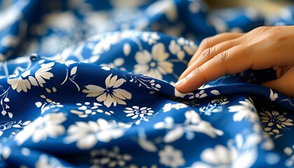 Delicate touch of fingers on blue fabric adorned with white floral patterns, ideal for textile and design inspiration