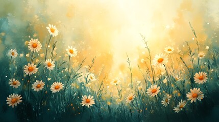 Sunlit meadow with yellow wildflowers, a serene and calming nature scene.