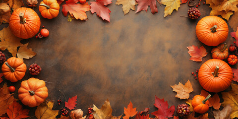 Autumn wallpaper with leaves and pumpkins on a brown background with copy space