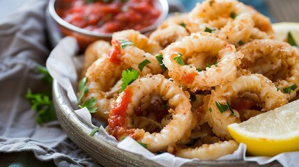 Crispy fried calamari rings served with a side of spicy marinara sauce and lemon wedges, garnished with fresh parsley