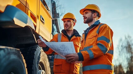 Two Construction Workers Examining Blueprints at Industrial Worksite